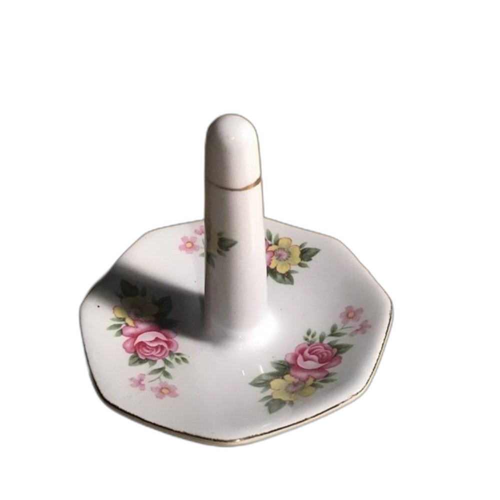 Vintage Porcelain Floral Ring Holder - Pink & Yellow Roses Octagon Gold Trim